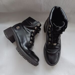 Timberland Womens 8.5W Boots Kinsley Black Patent Leather Lug Sole Combat Moto
